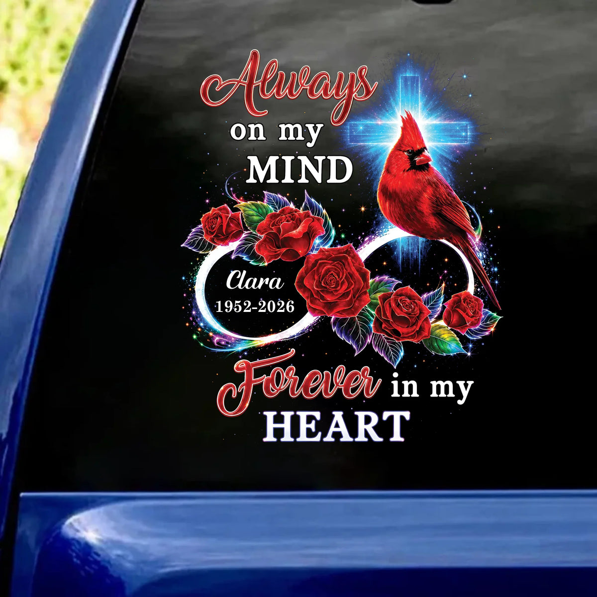 Family Loss Cardinal Rose Infinite Love - Personalized Decal, In Loving Memory Loss Of Loved One, Memorial Decal,  Decal Memorial Gift