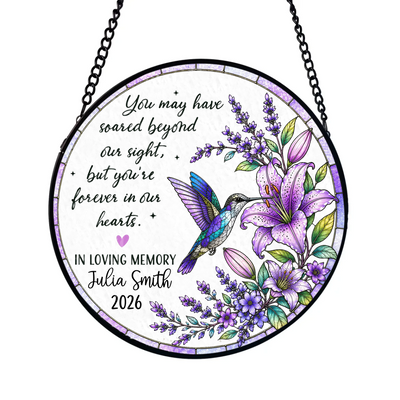 Forever in Our Hearts, Carried on Hummingbird Wings - Personalized Window Stained Glass, Custom Memorial Window Hanging, Bereavement Gift, Loss of Loved One Keepsake