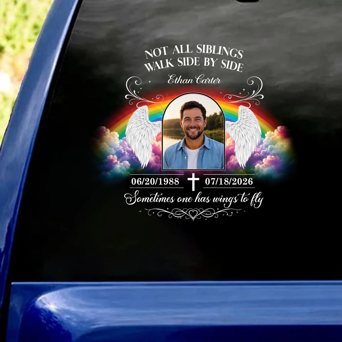 My Sibling Has Wings To Fly - Personalized Decal, Custom Name and Date Memorial Decal, Sympathy Gift