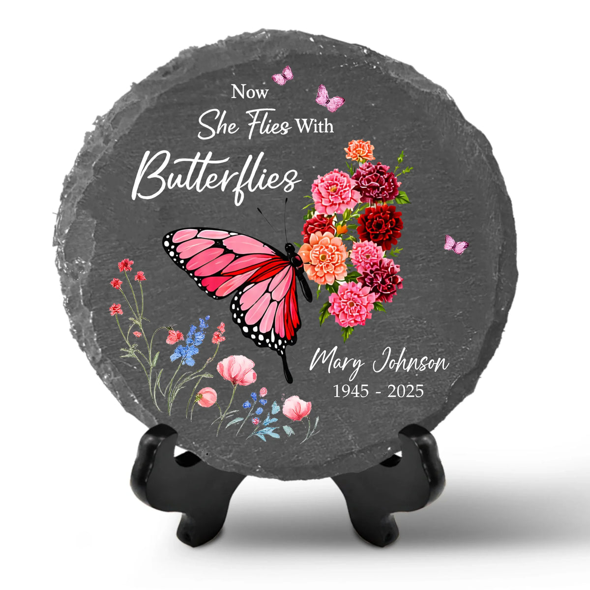 She Flies With Butterflies - Personalized Stone, Butterflies Memorial Garden Stone,  Custom Memorial Stone, Garden Remembrance Decor