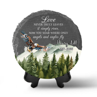 Love Never Truly Leaves, It Simply Rises - Personalized Memorial Stone, Custom Name and Date Memorial, Eagle Remembrance Stone, Loss of Loved One Gift, Sympathy Garden Decor