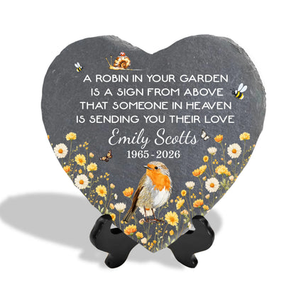 A Robin In Your Garden Is A Sign From Above That Someone In Heaven Is Sending You Their Love - Her Love Still Blooms Here - Personalized Memorial Stone, Sympathy Gifts, Memorial Gift