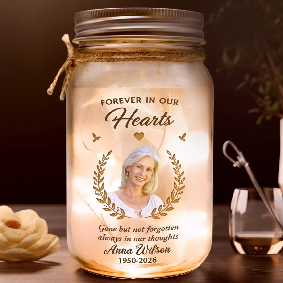 Gone But Not Forgotten - Personalized Mason Jar Light, Custom Photo &amp; Name Sympathy Gift, In Loving Memory Jar Light