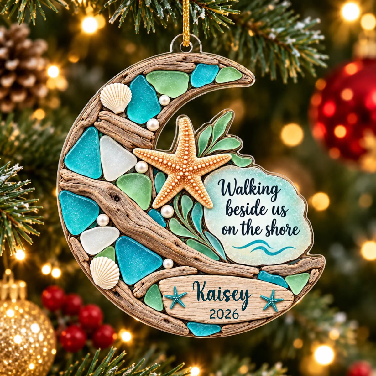 Walking Beside Us On The Shore, Personalized Acrylic Ornament, Memorial Gift, Faux Sea Glass Starfish Moon Ornament