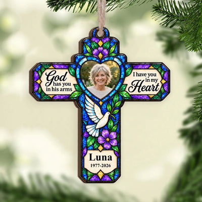 God Has You In His Arms I Have You In My Heart- Personalized Wooden Ornament, Stained Glass Style Cross Memorial Ornament with Dove