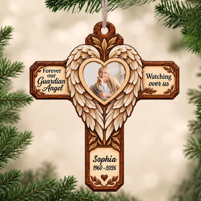 Forever Our Guardian Angel - Personalized Wooden Ornament, Faux Carved Wood Angel Wings Cross Memorial Ornament