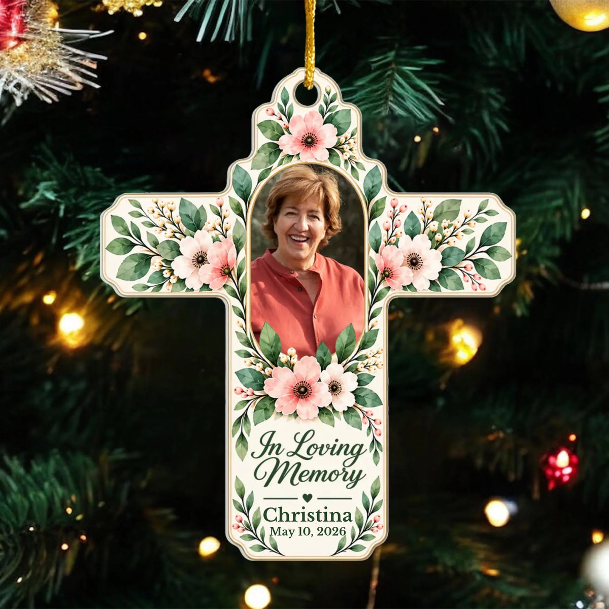 Personalized Floral Cross Acrylic Ornament – personalization preview