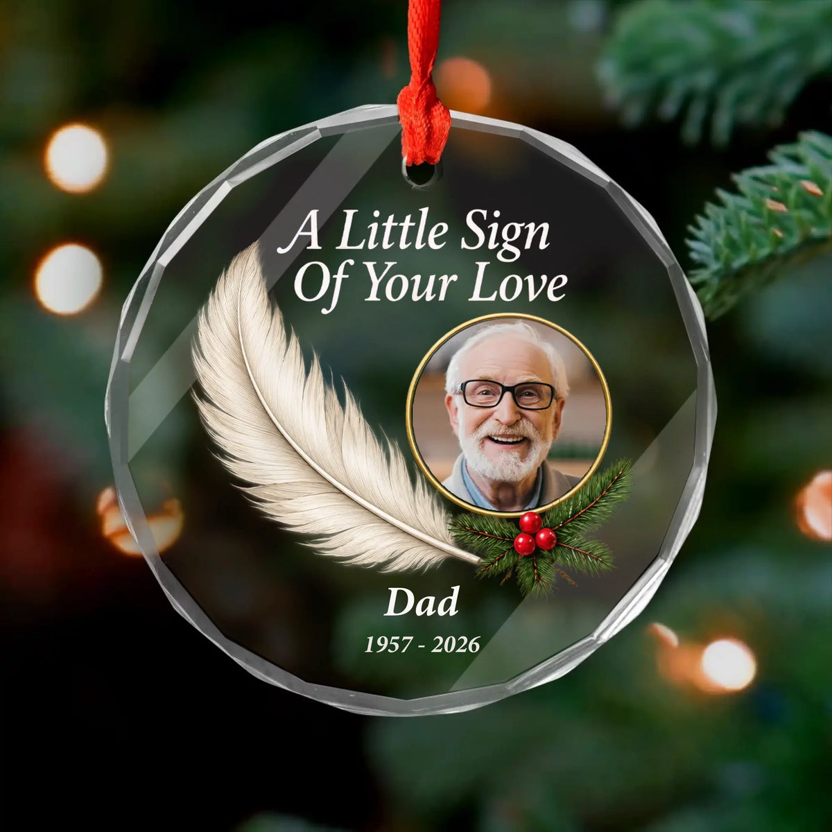 Personalized glass feather memorial ornament – personalization preview