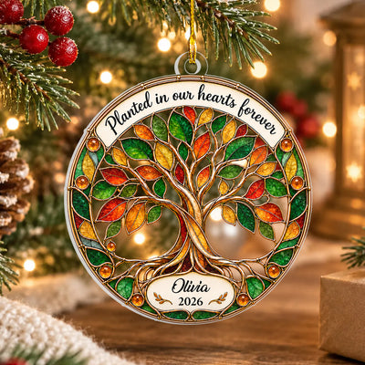 Personalized Tree of Life Memorial Acrylic Ornament, Planted in Our Hearts Forever, Custom Name and Year Stained Glass Christmas Keepsake, Sympathy Gift for Loss of Loved One