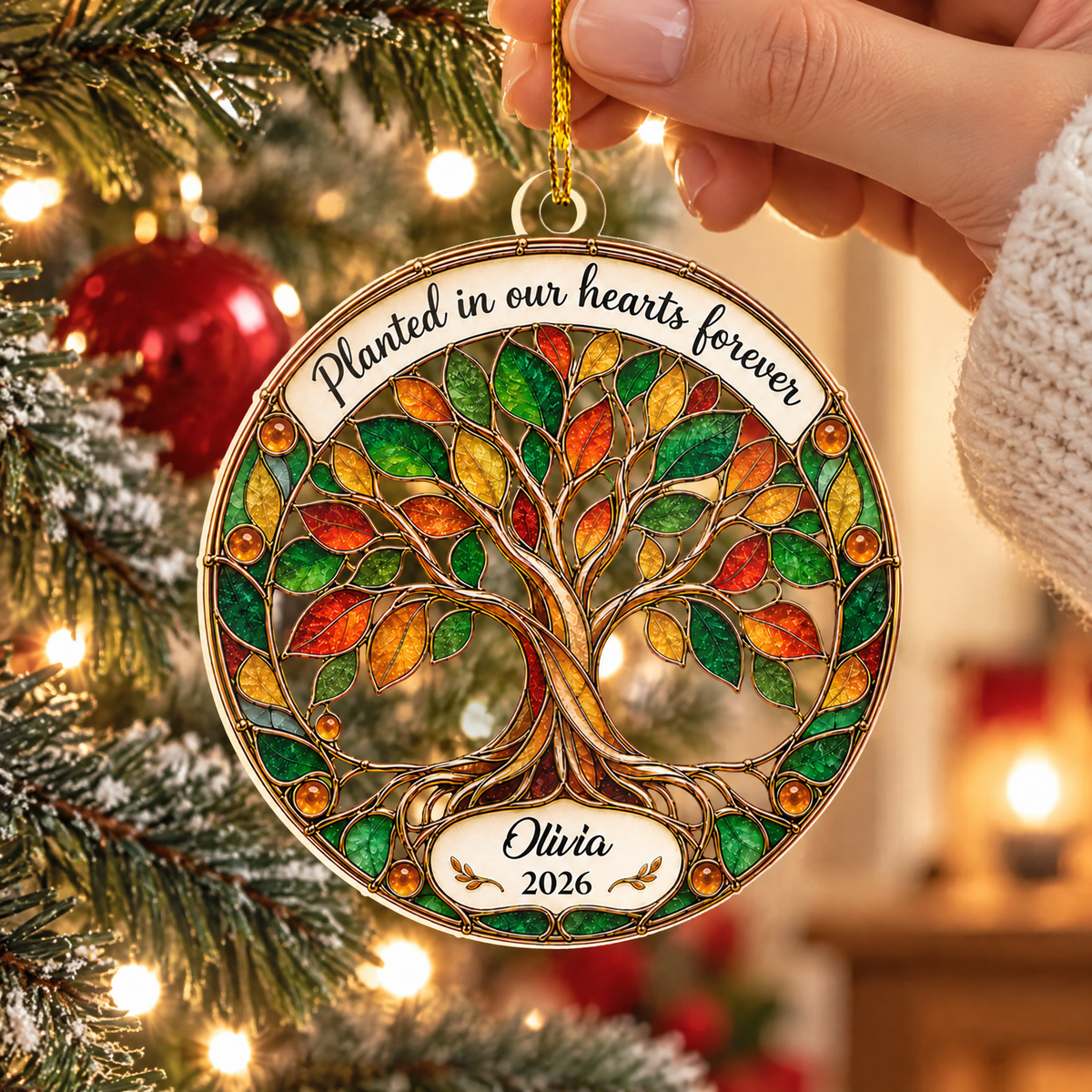 Personalized Tree of Life Memorial Acrylic Ornament, Planted in Our Hearts Forever, Custom Name and Year Stained Glass Christmas Keepsake, Sympathy Gift for Loss of Loved One