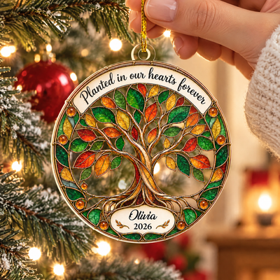 Personalized Tree of Life Memorial Acrylic Ornament, Planted in Our Hearts Forever, Custom Name and Year Stained Glass Christmas Keepsake, Sympathy Gift for Loss of Loved One