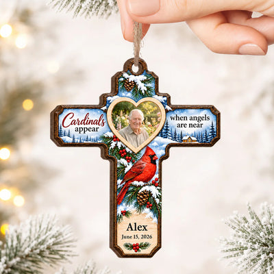 Cardinals Appear When Angels Are Near- Personalized Wooden Ornament, Winter Cardinal Cross Memorial Ornament