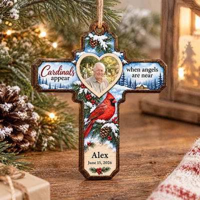 Cardinals Appear When Angels Are Near- Personalized Wooden Ornament, Winter Cardinal Cross Memorial Ornament