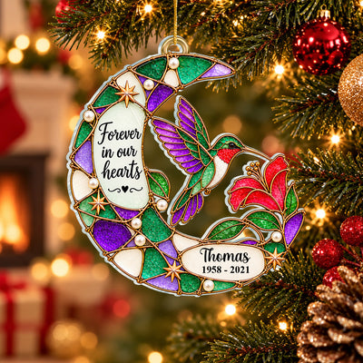 Faux Stained Hummingbird Moon Forever In Our Hearts - Personalized Acrylic Ornament, Memorial Gift For Loss Of Loved One