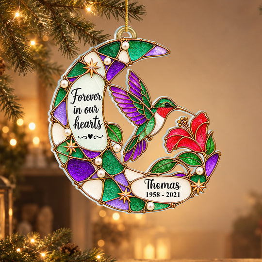 Faux Stained Hummingbird Moon Forever In Our Hearts - Personalized Acrylic Ornament, Memorial Gift For Loss Of Loved One