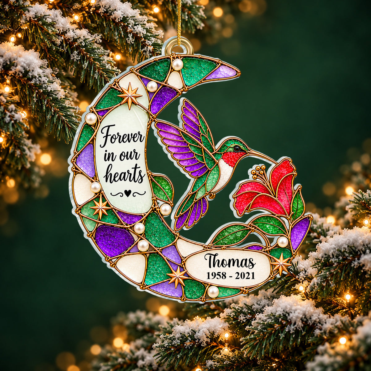 Faux Stained Hummingbird Moon Forever In Our Hearts - Personalized Acrylic Ornament, Memorial Gift For Loss Of Loved One