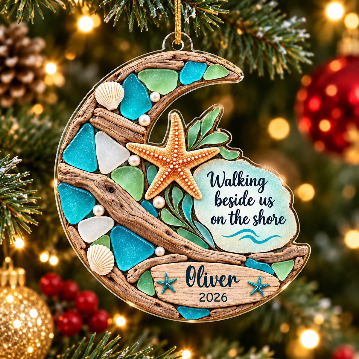 Walking Beside Us On The Shore, Personalized Acrylic Ornament,  Memorial Gift, Faux Sea Glass Starfish Moon Ornament