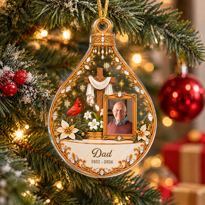 Personalized Christian memorial acrylic ornament with wooden cross and Dad photo hanging on a lit Christmas tree