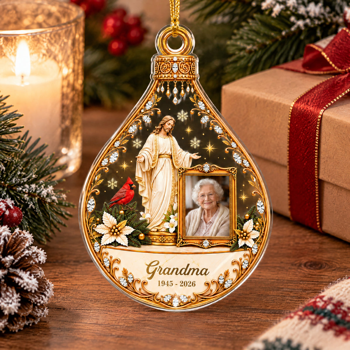 Personalized Christian memorial acrylic ornament standing on a wooden table beside a candle and wrapped gift