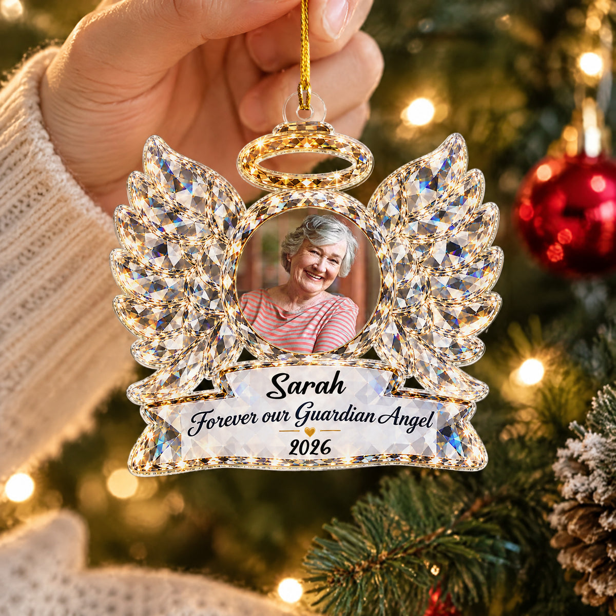 Angel Wings Memorial - Personalized Acrylic Ornament, Custom Photo Christmas Holiday Ornament, Sympathy Gift