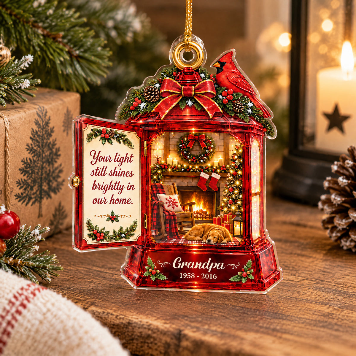 Your light Still Shines Brightly In Our Home - Personalized Acrylic Ornament, Cozy Fireplace Memorial Lantern Ornament