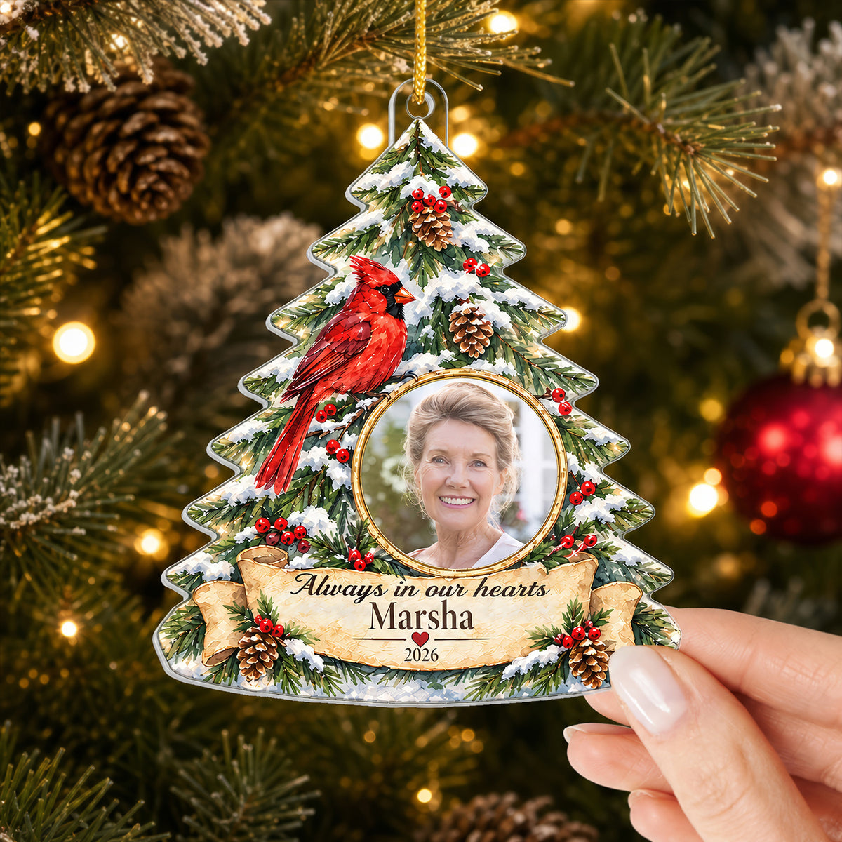 Always In Our Hearts- Personalized Acrylic Ornament, Watercolor Snowy Tree and Cardinal Memorial Custom Photo Holiday Ornament