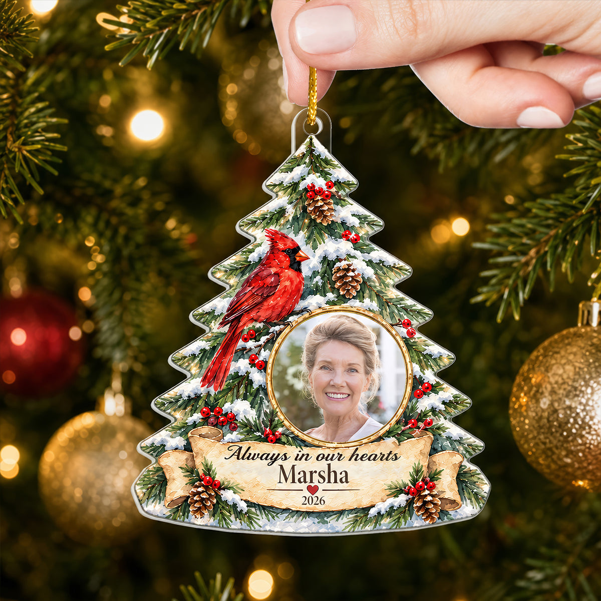 Always In Our Hearts- Personalized Acrylic Ornament, Watercolor Snowy Tree and Cardinal Memorial Custom Photo Holiday Ornament