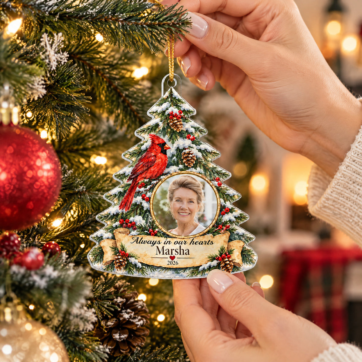Always In Our Hearts- Personalized Acrylic Ornament, Watercolor Snowy Tree and Cardinal Memorial Custom Photo Holiday Ornament