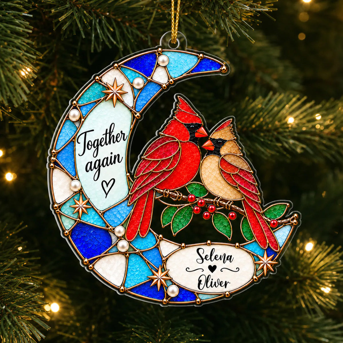 Together Again - Personalized Acrylic Ornament, Custom Name Two Birds Moon Ornament, Memorial Gift