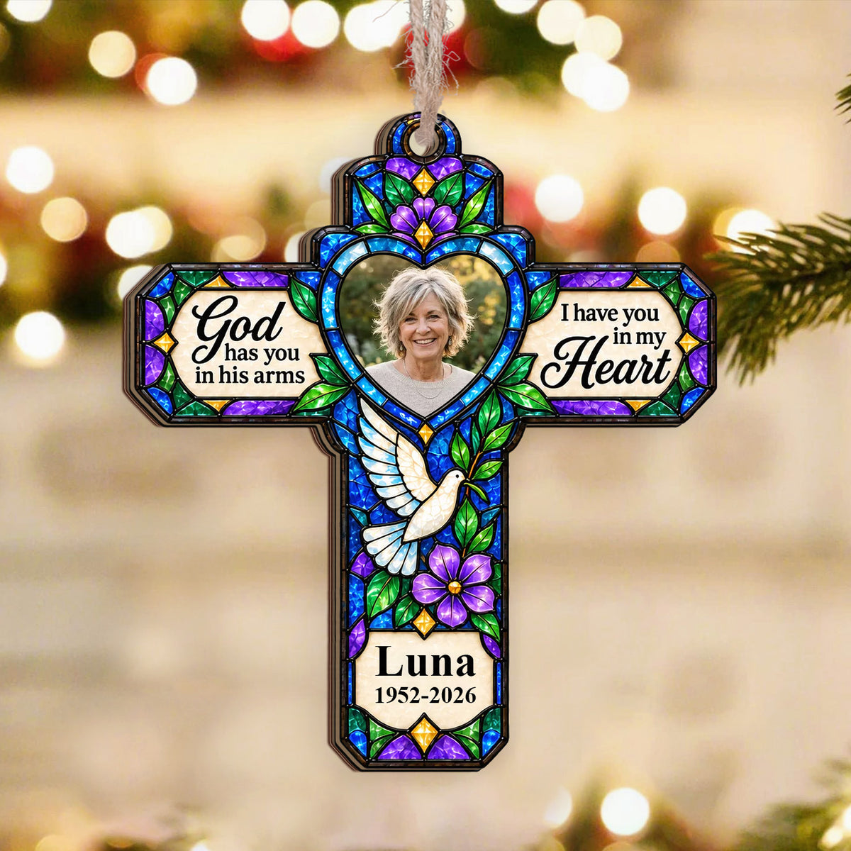 God Has You In His Arms I Have You In My Heart- Personalized Wooden Ornament, Stained Glass Style Cross Memorial Ornament with Dove