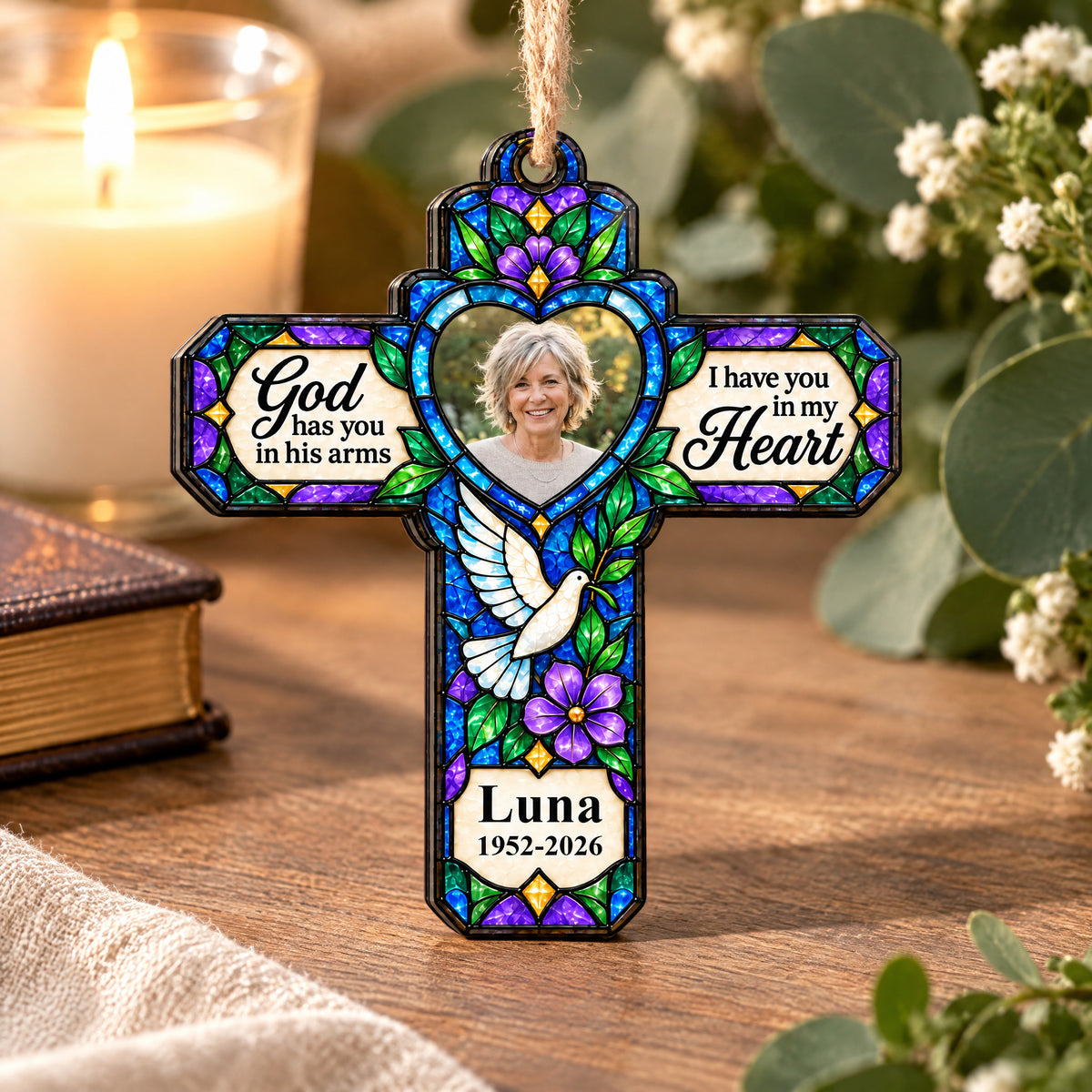 God Has You In His Arms I Have You In My Heart- Personalized Wooden Ornament, Stained Glass Style Cross Memorial Ornament with Dove