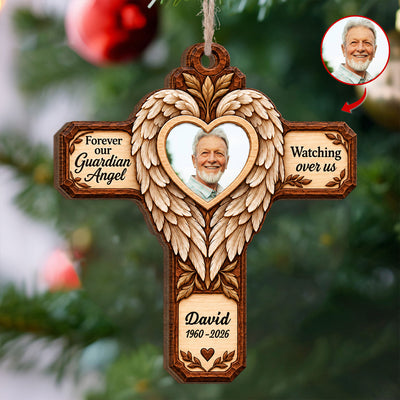 Forever Our Guardian Angel - Personalized Wooden Ornament, Faux Carved Wood Angel Wings Cross Memorial Ornament