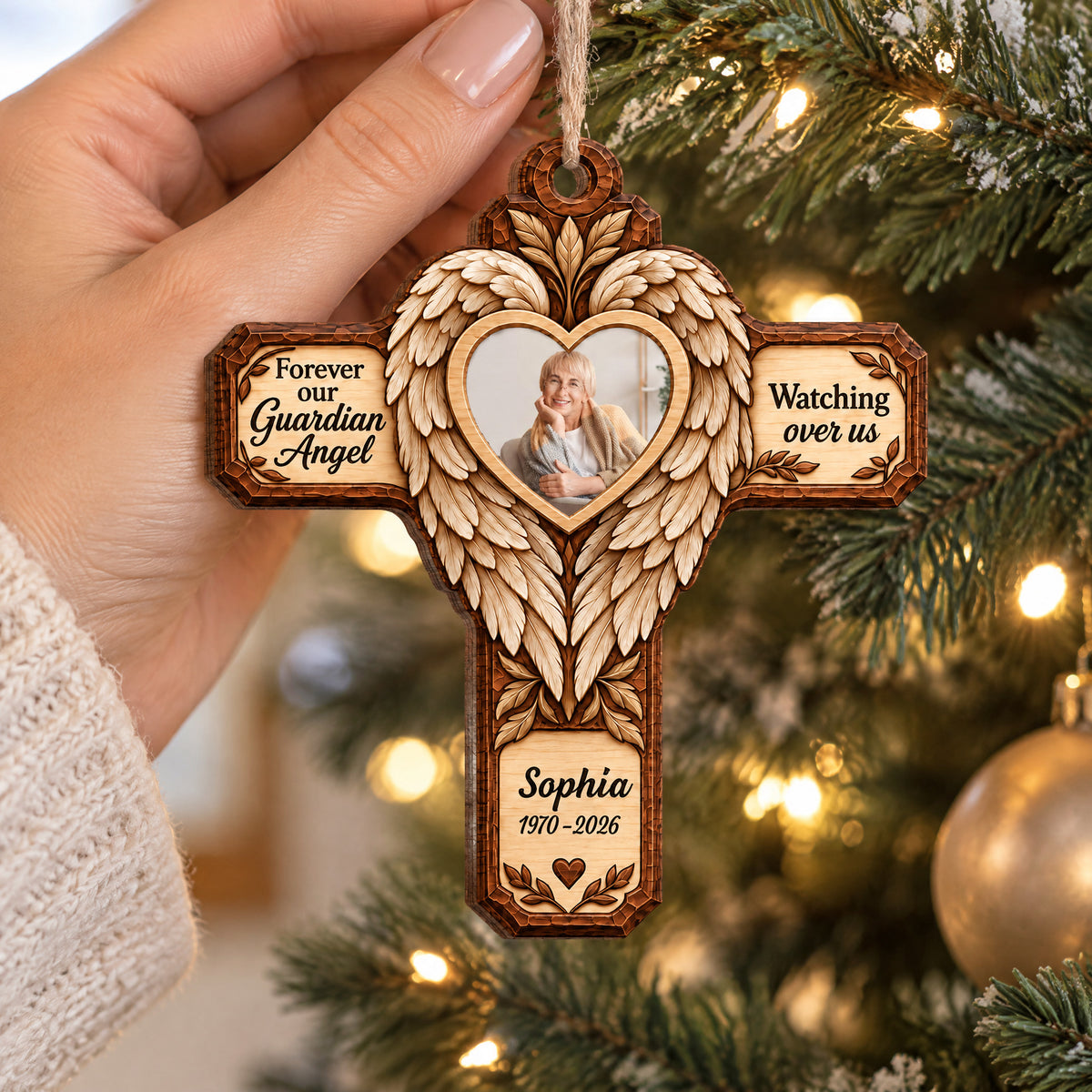 Forever Our Guardian Angel - Personalized Wooden Ornament, Faux Carved Wood Angel Wings Cross Memorial Ornament