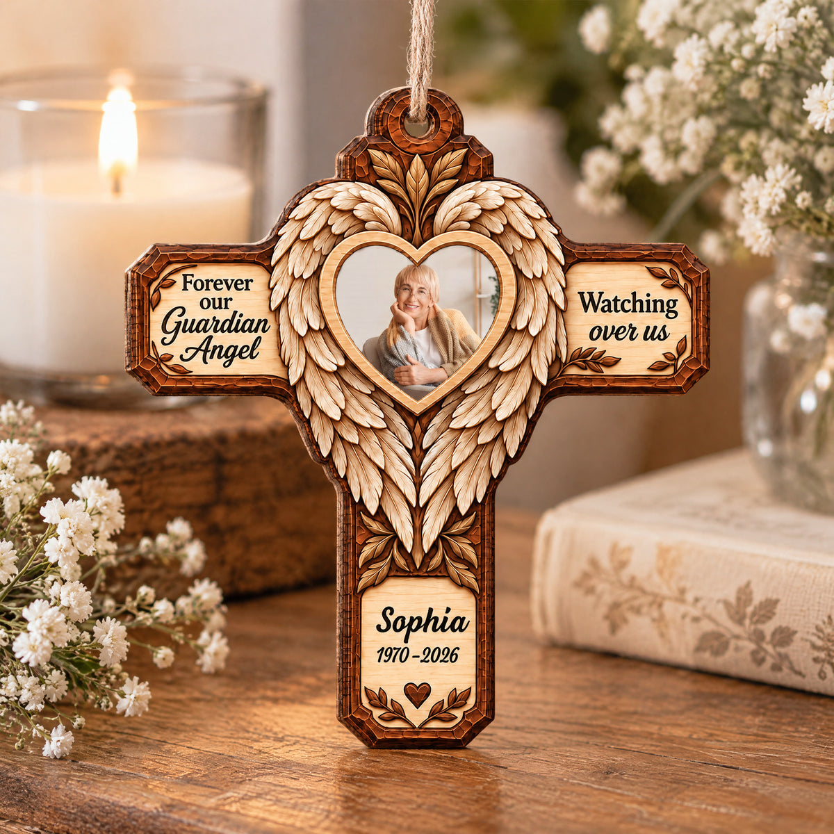 Forever Our Guardian Angel - Personalized Wooden Ornament, Faux Carved Wood Angel Wings Cross Memorial Ornament