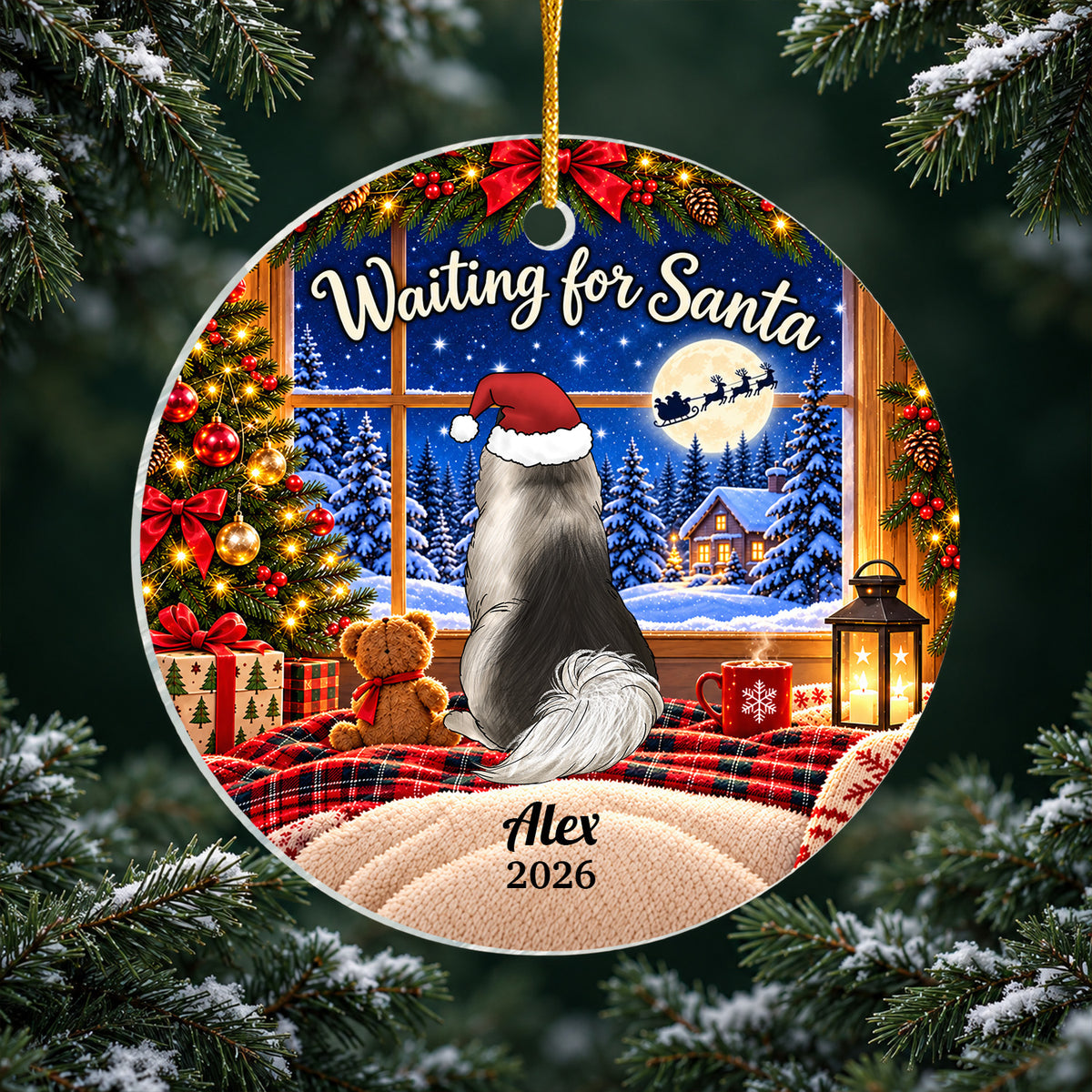 Waiting For Santa - Personalized Acrylic Ornament, Pet Lovers Gift With Custom Name &amp; Year