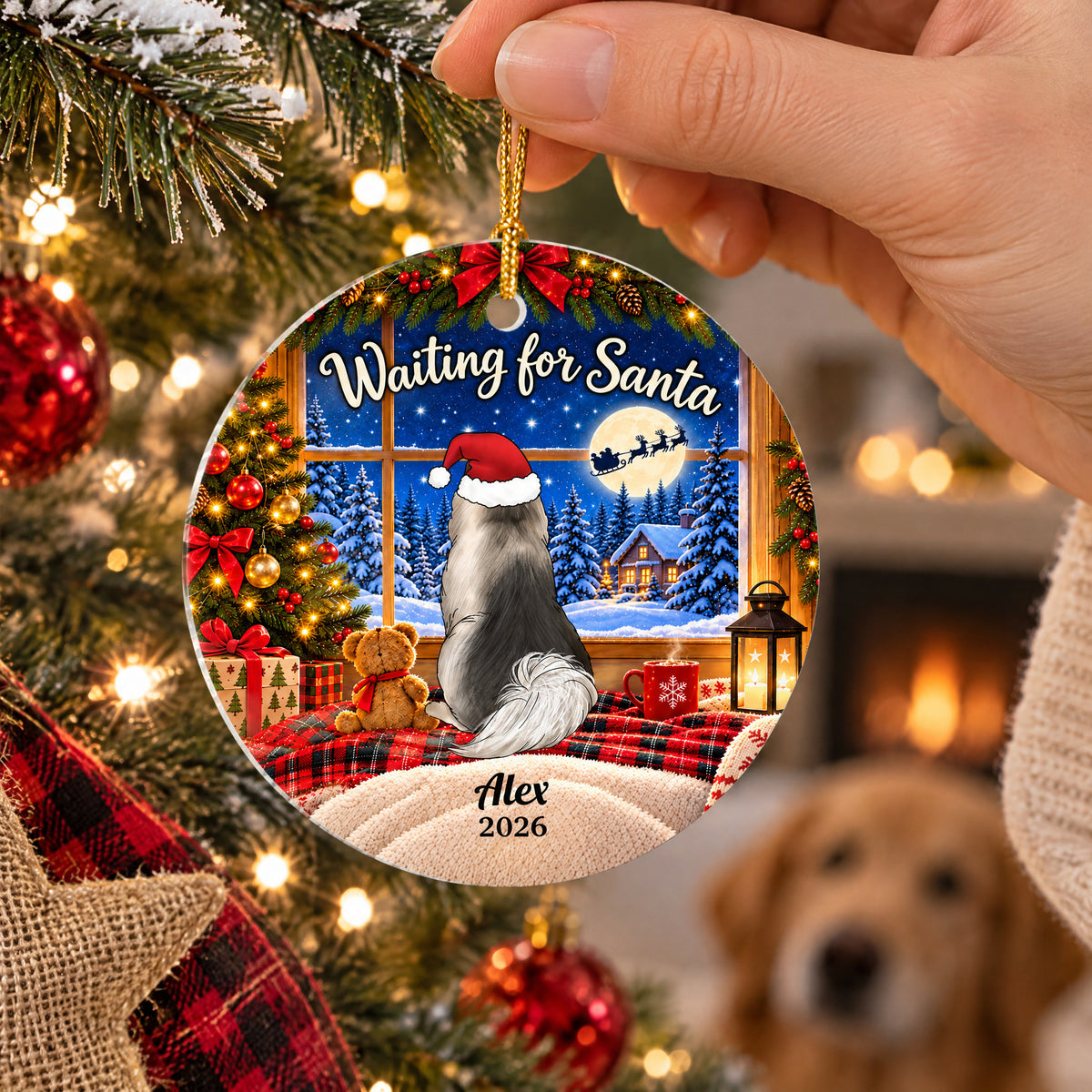 Waiting For Santa - Personalized Acrylic Ornament, Pet Lovers Gift With Custom Name &amp; Year