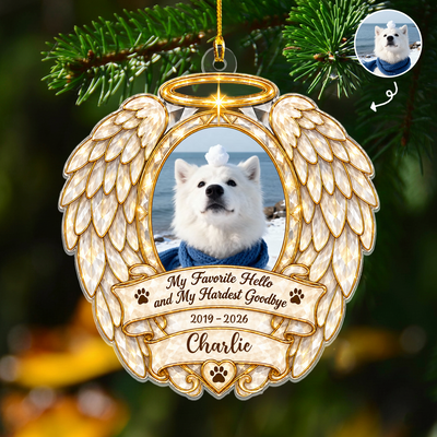 My Favorite Hello and My Hardest Goodbye- Personalized Acrylic Ornament, Angel Wings Pet Memorial Christmas Gift