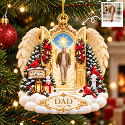 Christmas In Heaven Personalized Acrylic Ornament with angel wings and DAD plaque on a tree, photo inset above