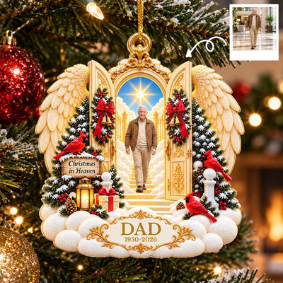 Christmas In Heaven Personalized Acrylic Ornament showing a man at golden gates, hanging among tree lights