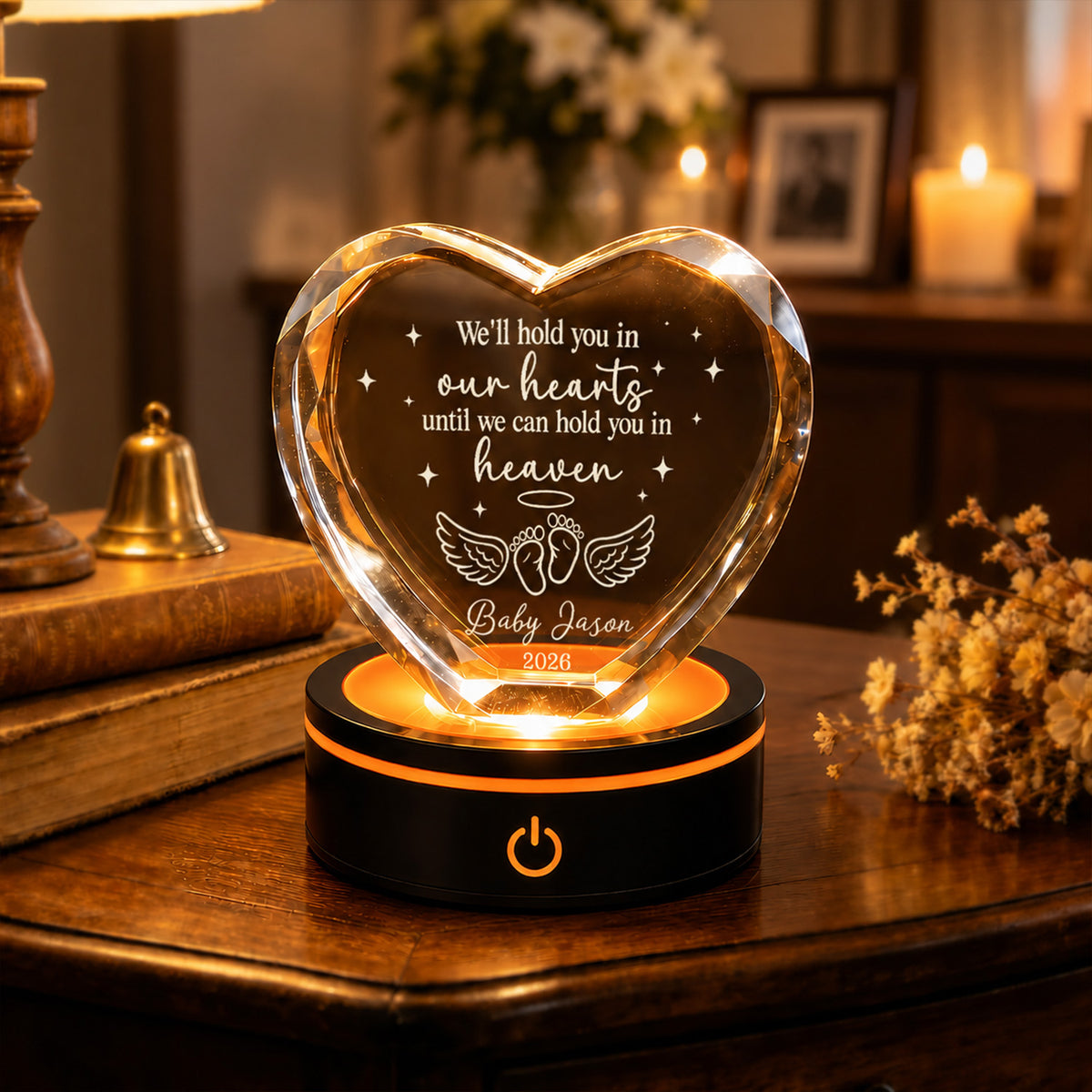 We'll Hold You In Our Hearts Until We Can Hold You In Heaven- Personalized Engraved Heart Crystal, Sympathy Gift for Baby Loss