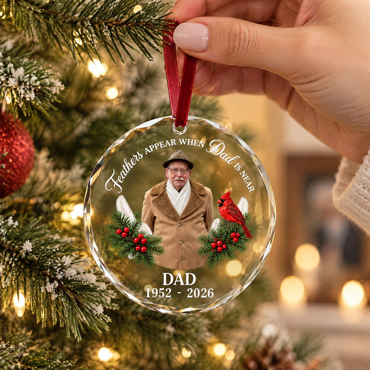 Personalized glass ornament custom photo dangling from a hand by red ribbon near frosted tree branches