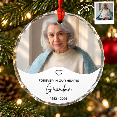 Personalized glass ornament custom photo showing grandma portrait and 1952 - 2026 beside a small photo inset