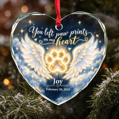 Angel Wings and Paw Print Pet Memorial Heart- Personalized Glass Ornament, Pet Loss Sympathy Gift
