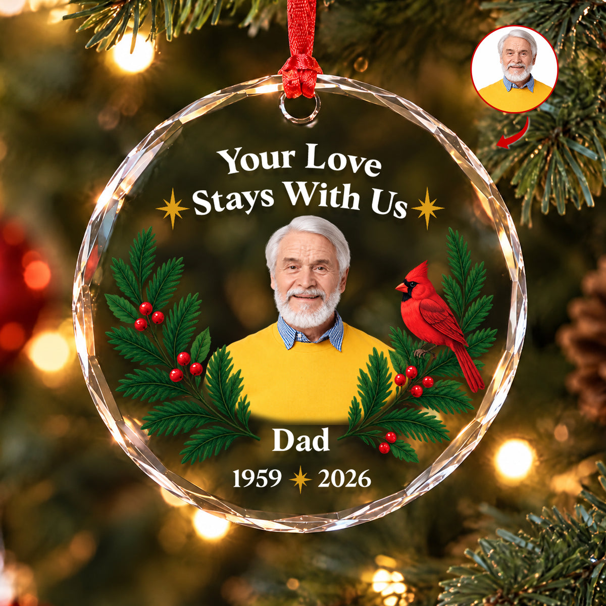 Personalized glass ornament custom photo with Dad and 1959 2026 text, faceted edge glowing among tree lights