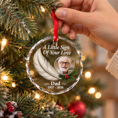 Personalized glass feather memorial ornament hung on a lit Christmas tree branch, held by a hand at the ribbon