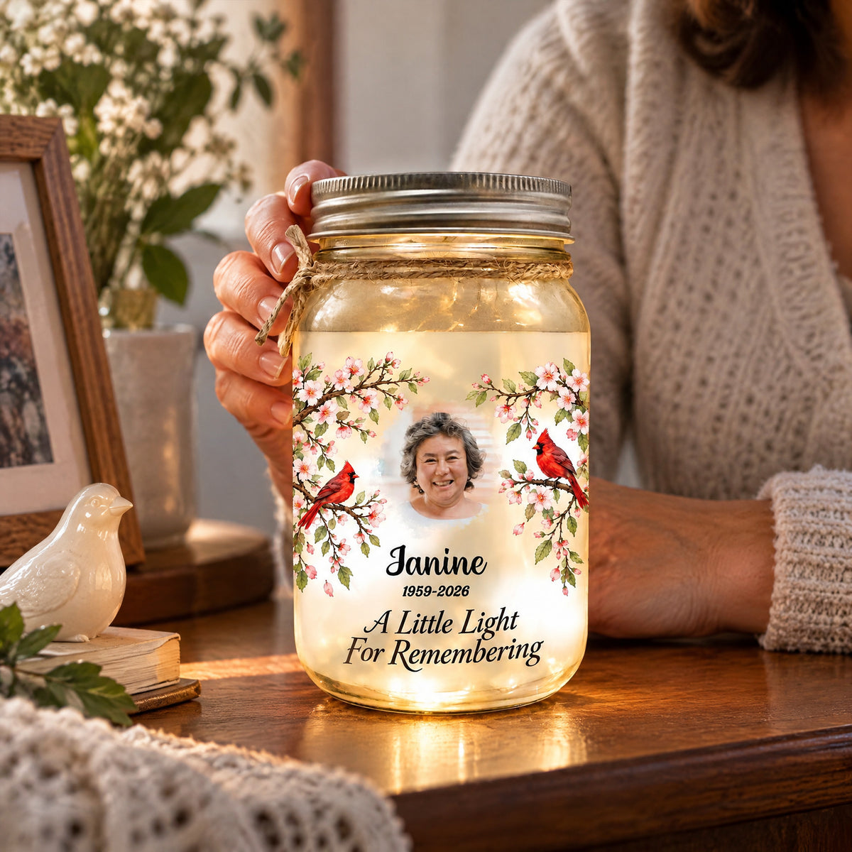 Personalized Mason Jar Light held on a wooden table beside a framed picture and a white bird figurine