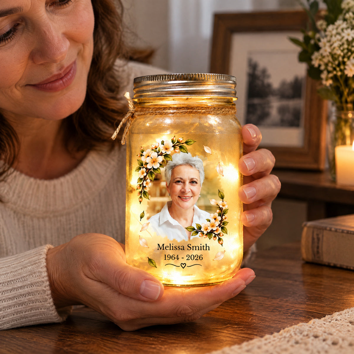 Personalized Mason Jar Light held in two hands by a smiling woman, showing a portrait, name and dates
