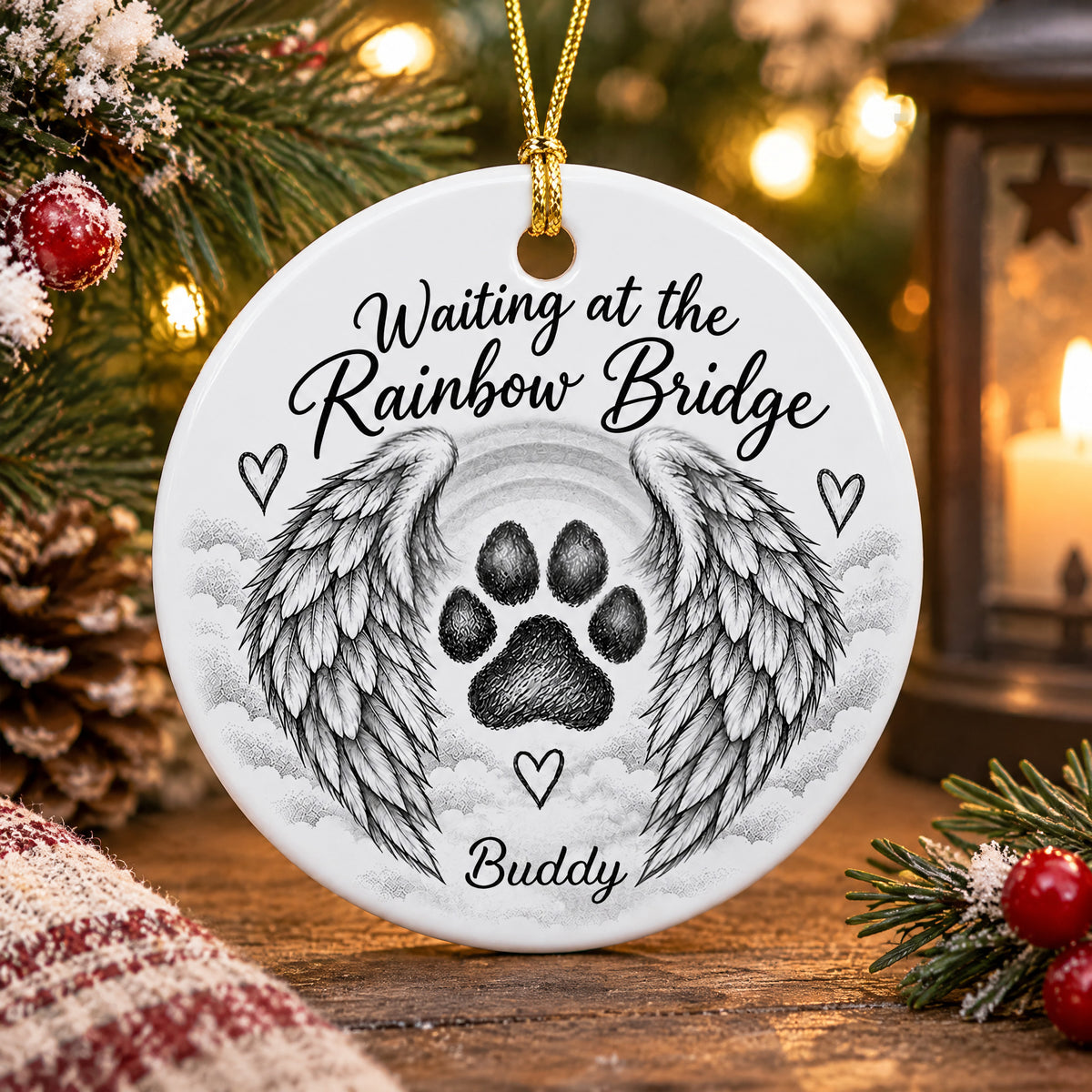 Personalized pet memorial ceramic ornament with angel wings and paw print, name Buddy, beside pinecone and red berries