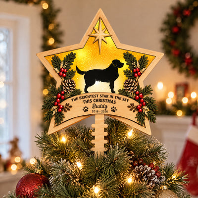 Personalized Brightest Star Christmas Tree Topper placed on a lit tree with ornaments and a wreath behind